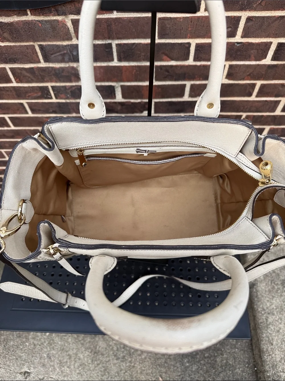 Henri Bendel West 57th Cream Saffiano Leather Satchel Crossbody Bag